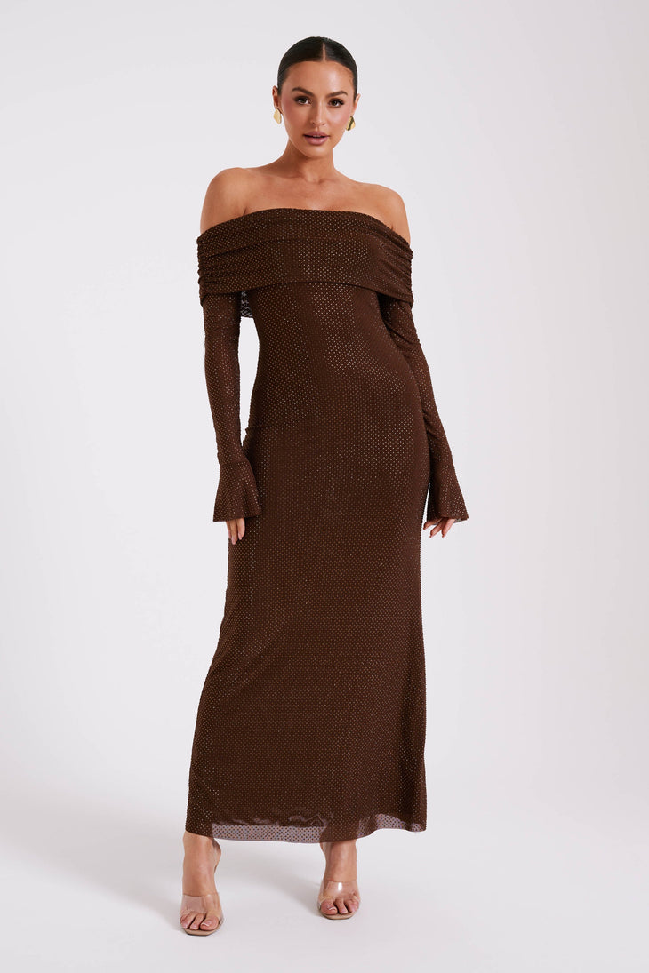 Marcel Off Shoulder Diamante Maxi Dress in chocolate brown with sparkle detailing and long sleeves — Meshki | Endless UAE