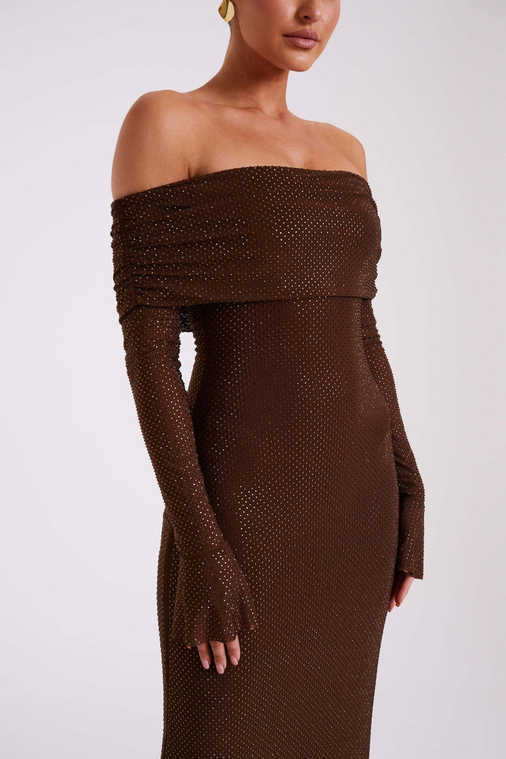Woman wearing brown off-shoulder long sleeve maxi dress with diamante embellishments and fold-over neckline — Meshki | Endless UAE