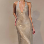 Champagne sequin halter midi dress with plunging neckline — Endless | Endless UAE