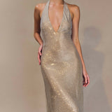 Champagne sequin halter midi dress with plunging neckline — Endless | Endless UAE