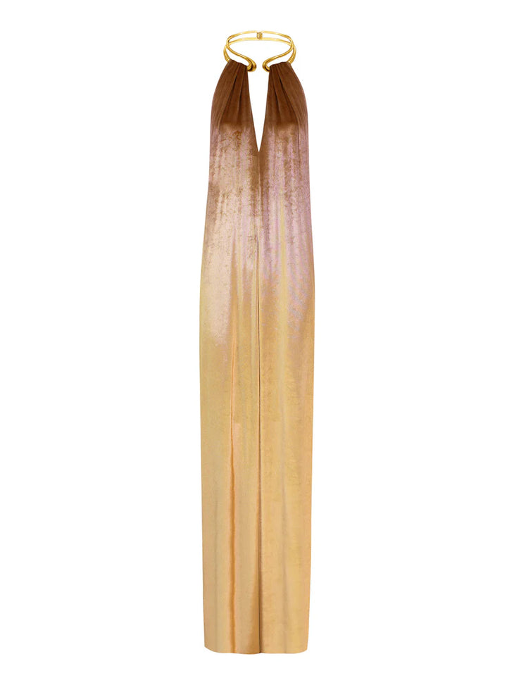 Gold halter neck velvet maxi dress with draped neckline — Lediel | Endless UAE