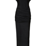 Woman wearing black sleeveless maxi dress with ruched side detail and gold bangles — Lediel | Endless UAE