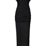 Woman wearing black sleeveless maxi dress with ruched side detail and gold bangles — Lediel | Endless UAE