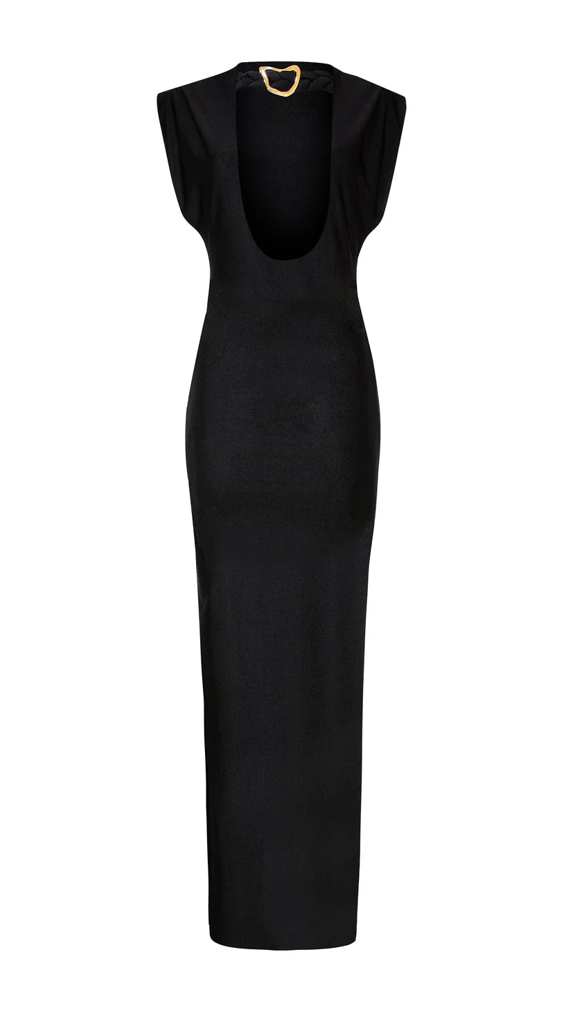 Woman wearing black sleeveless maxi dress with ruched side detail and gold bangles — Lediel | Endless UAE