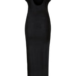 Woman wearing black sleeveless maxi dress with ruched side detail and gold bangles — Lediel | Endless UAE