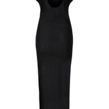Woman wearing black sleeveless maxi dress with ruched side detail and gold bangles — Lediel | Endless UAE
