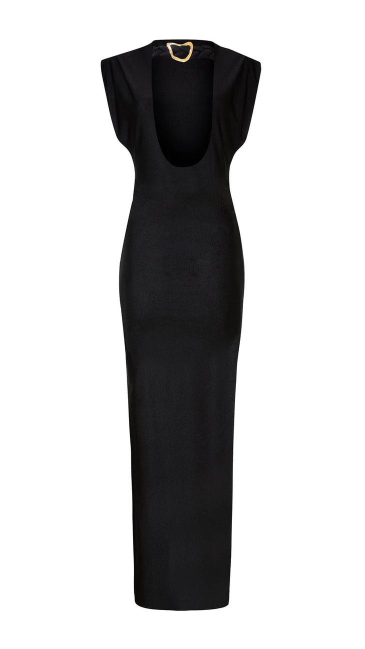 Woman wearing black sleeveless maxi dress with ruched side detail and gold bangles — Lediel | Endless UAE