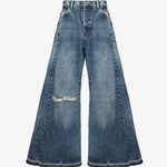 Wide-leg balloon ripped jeans with distressed knee detail in medium blue wash — Mrs. Keepa | Endless UAE