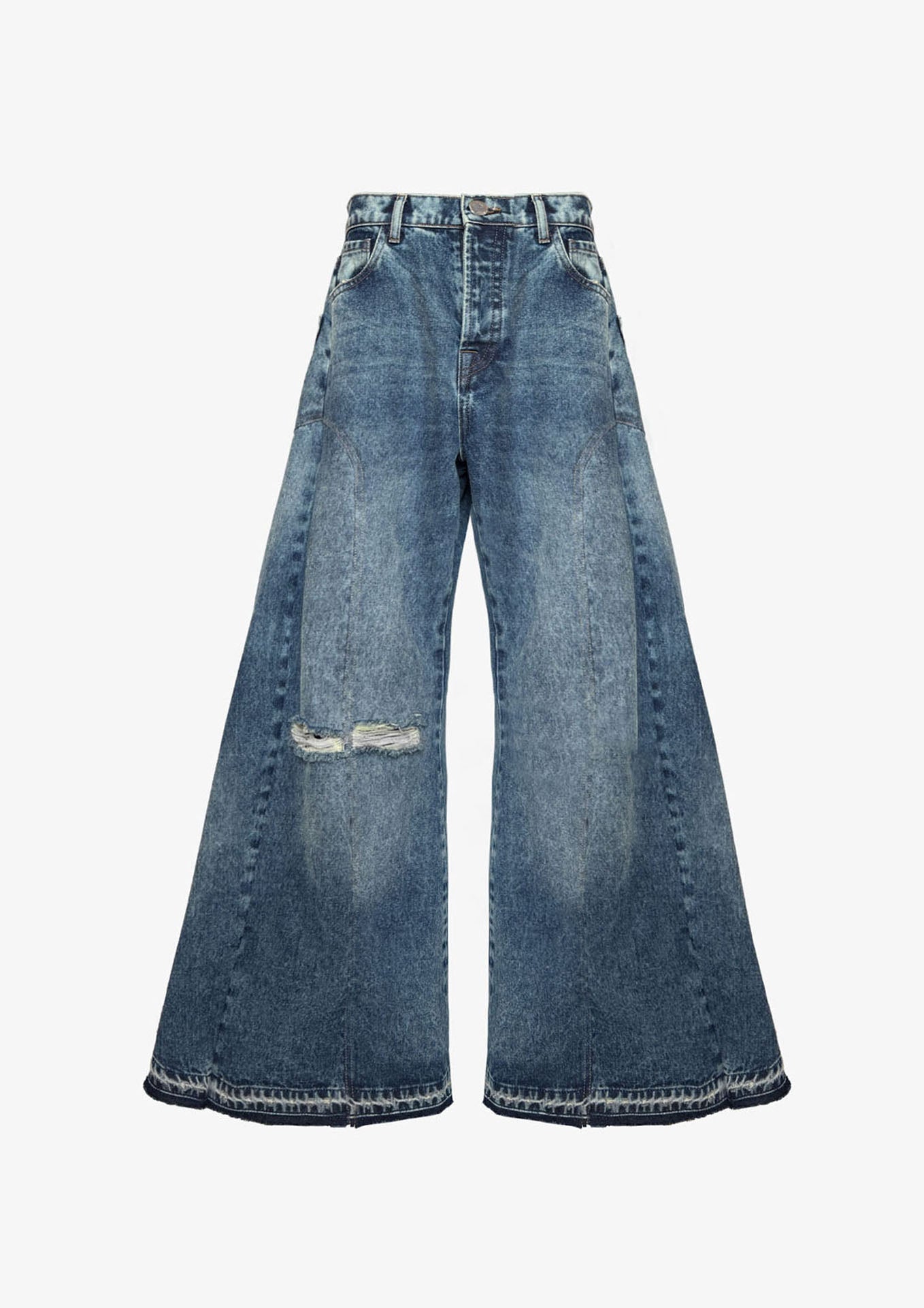 Wide-leg balloon ripped jeans with distressed knee detail in medium blue wash — Mrs. Keepa | Endless UAE