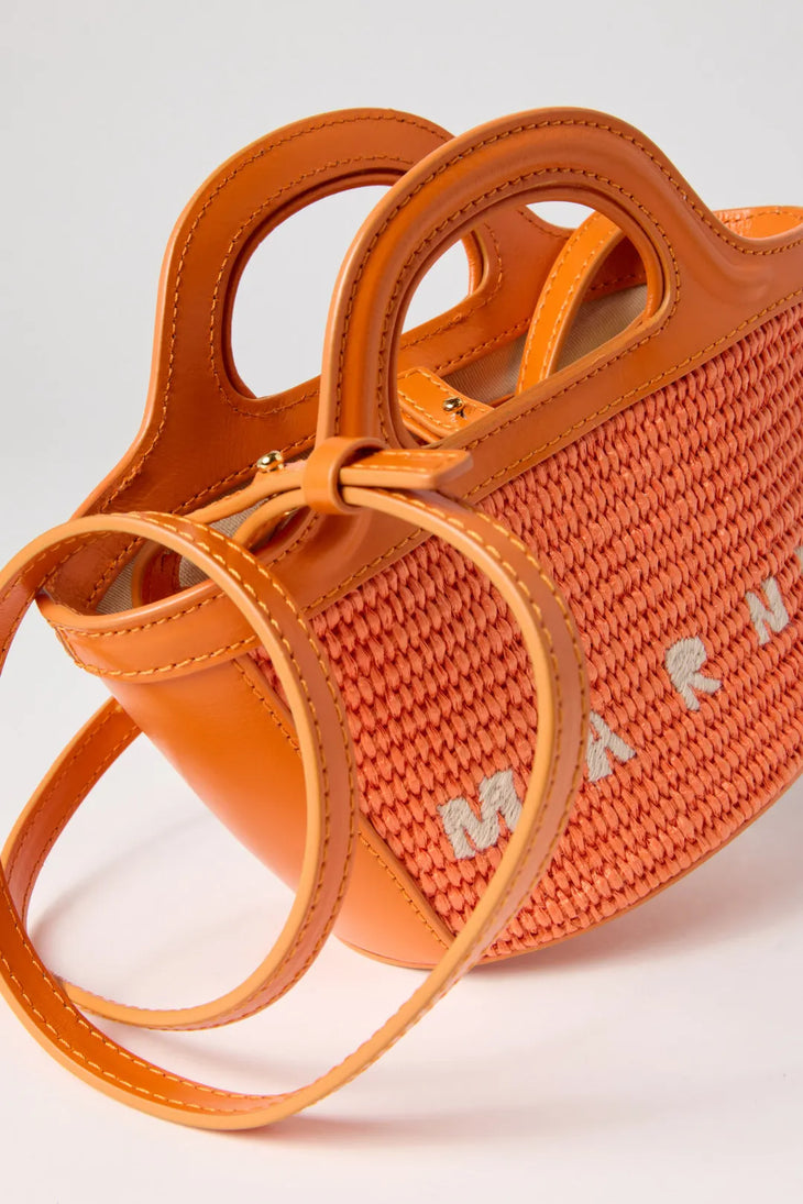 Orange woven micro tote bag with leather trim and handles — Marni | Endless UAE