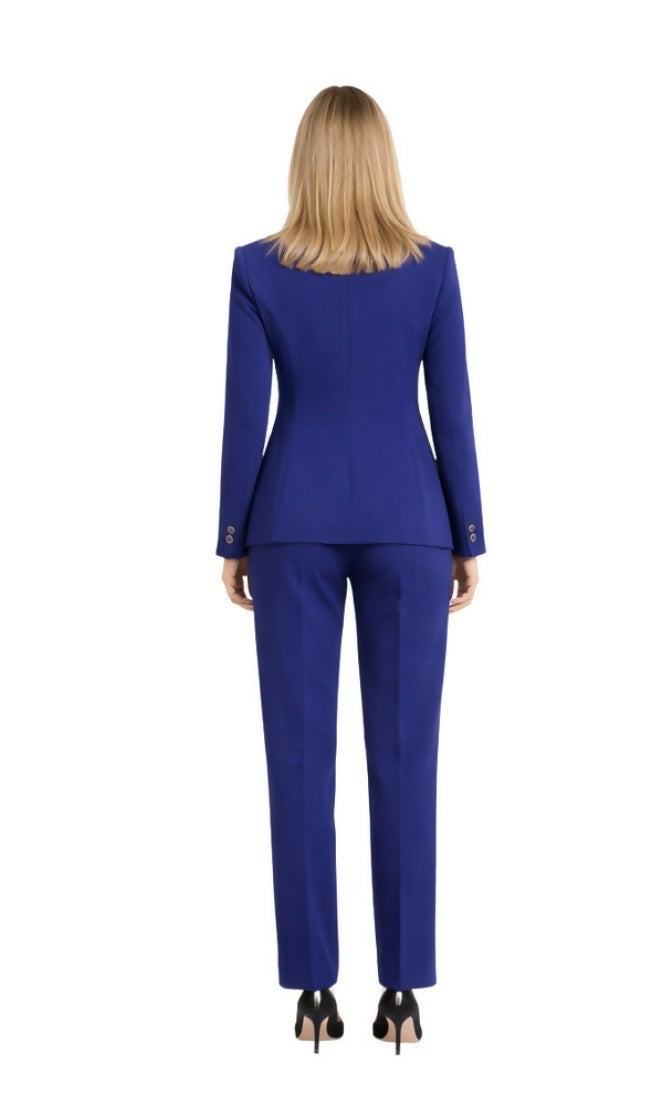 Woman wearing royal blue double-breasted tailored suit with black heels — Elisabetta Franchi | Endless UAE