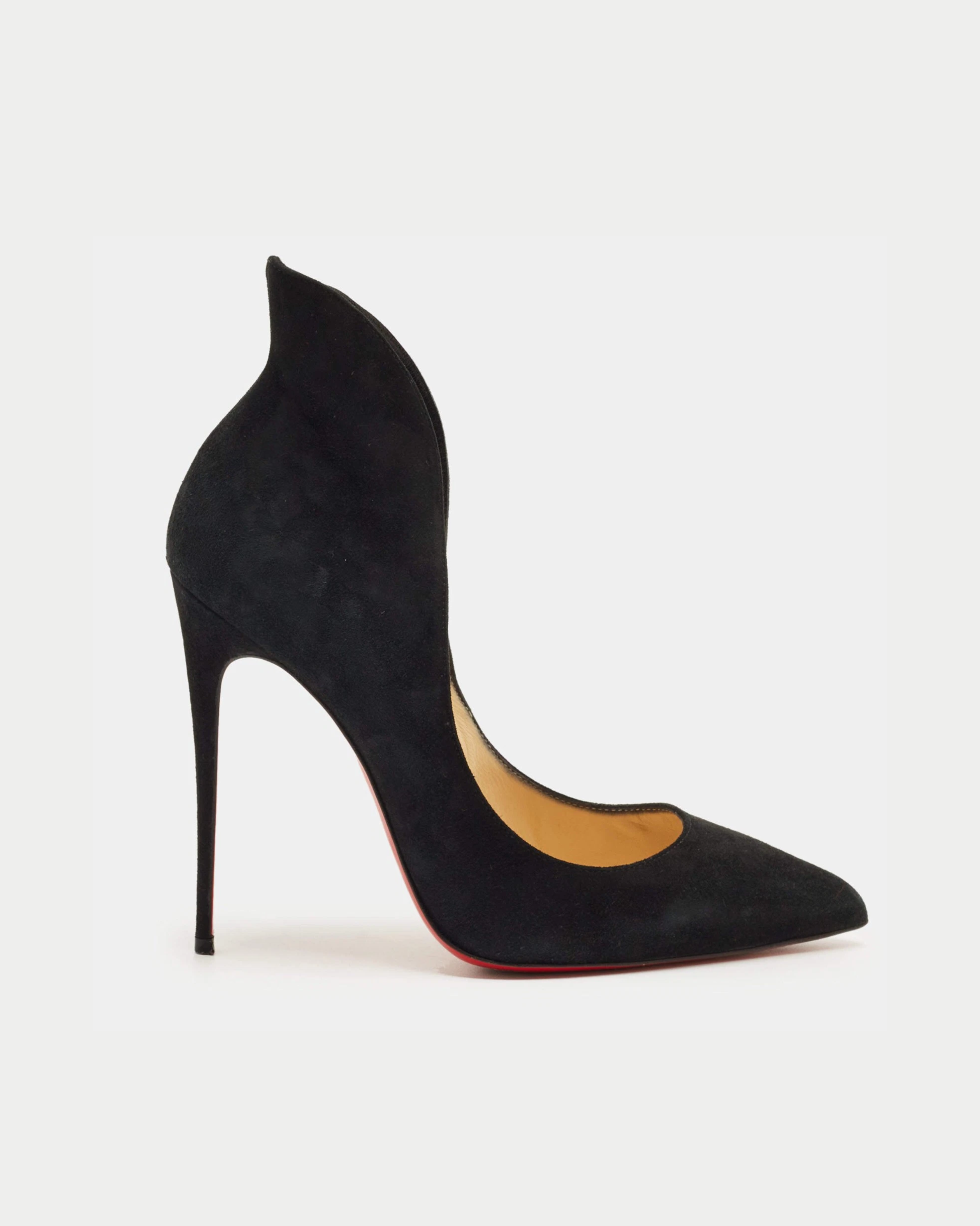 Black suede pointed-toe pumps with cream insoles and tan leather interior — Endless | Endless UAE
