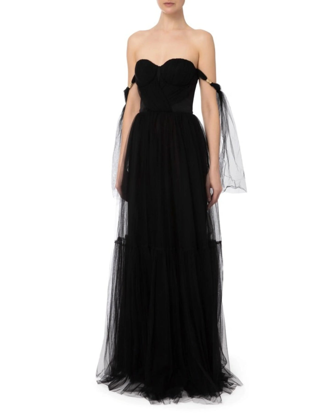 Black tulle off-shoulder gown with ruffled sleeves — Elisabetta Franchi | Endless UAE