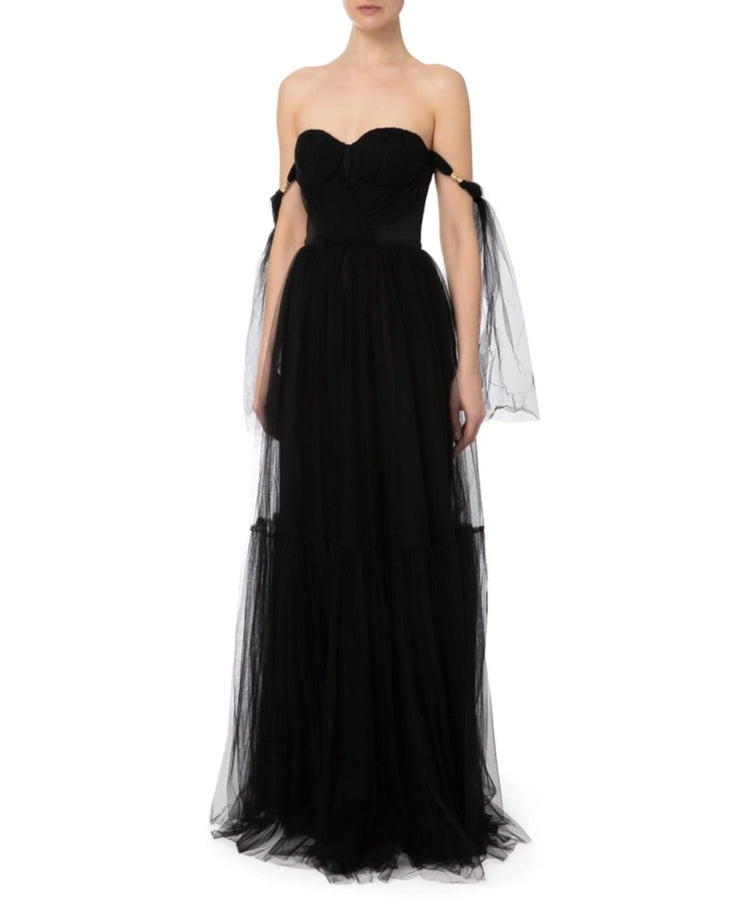Black tulle off-shoulder gown with ruffled sleeves — Elisabetta Franchi | Endless UAE
