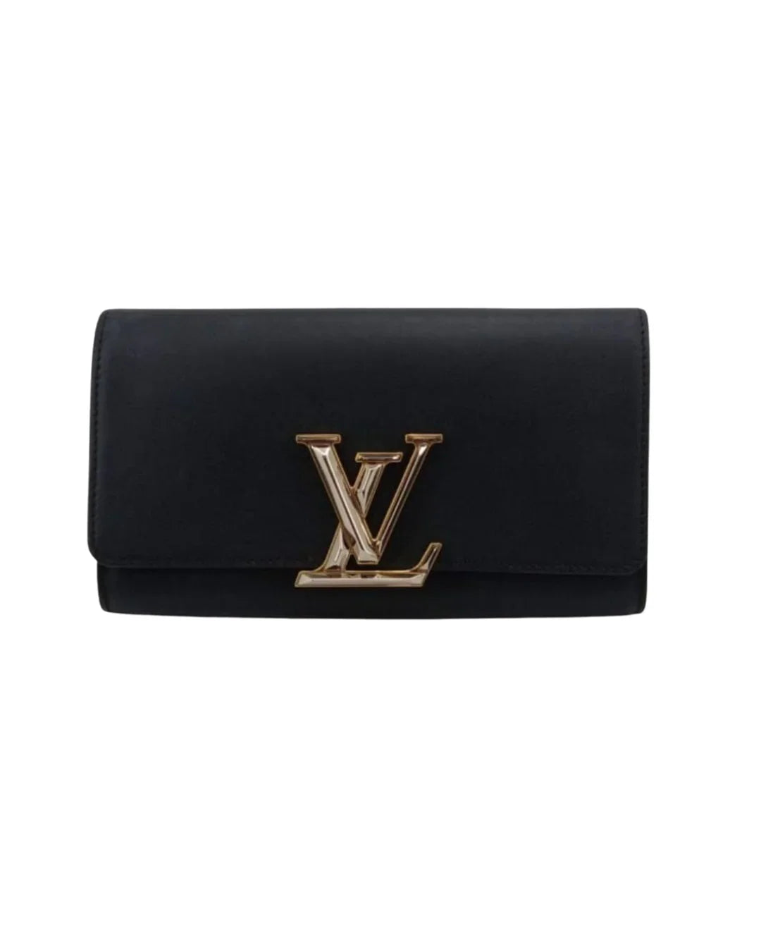 Black satin clutch with metallic LV logo closure and fold-over flap design — Louis Vuitton | Endless UAE