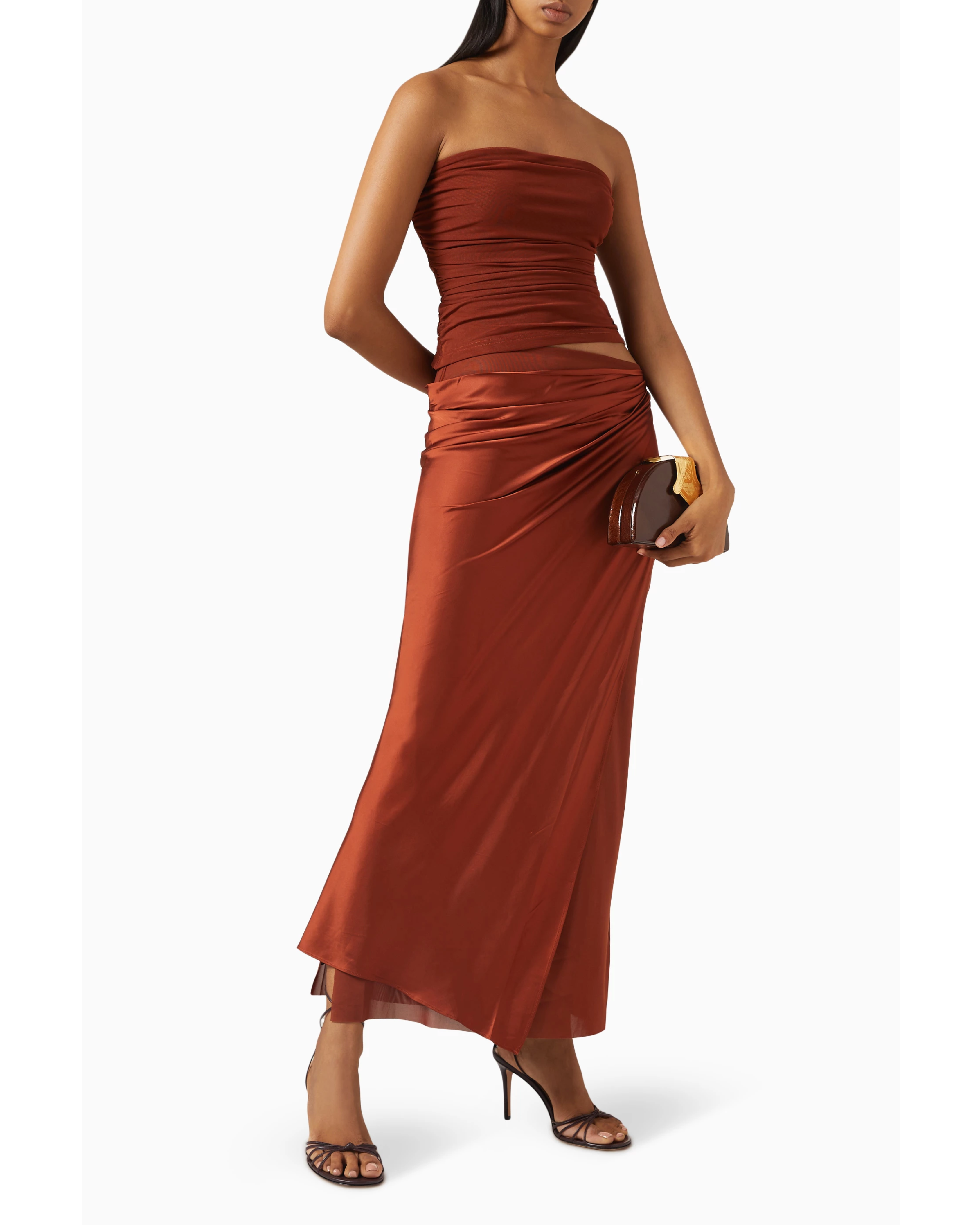Rust brown strapless ruched crop top with matching draped midi skirt showing cutout waist detail — Significant Other | Endless UAE