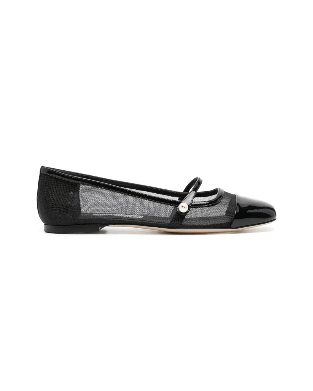 Black mesh ballet flats with patent leather toe cap and pearl-embellished strap detail — Jimmy Choo | Endless UAE