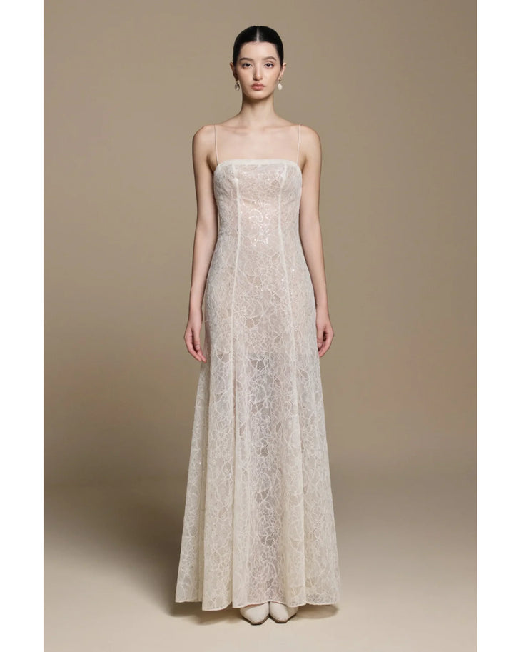 Merrily Dress in ivory crepe with sleeveless design and flowing train — Huong Boutique | Endless UAE