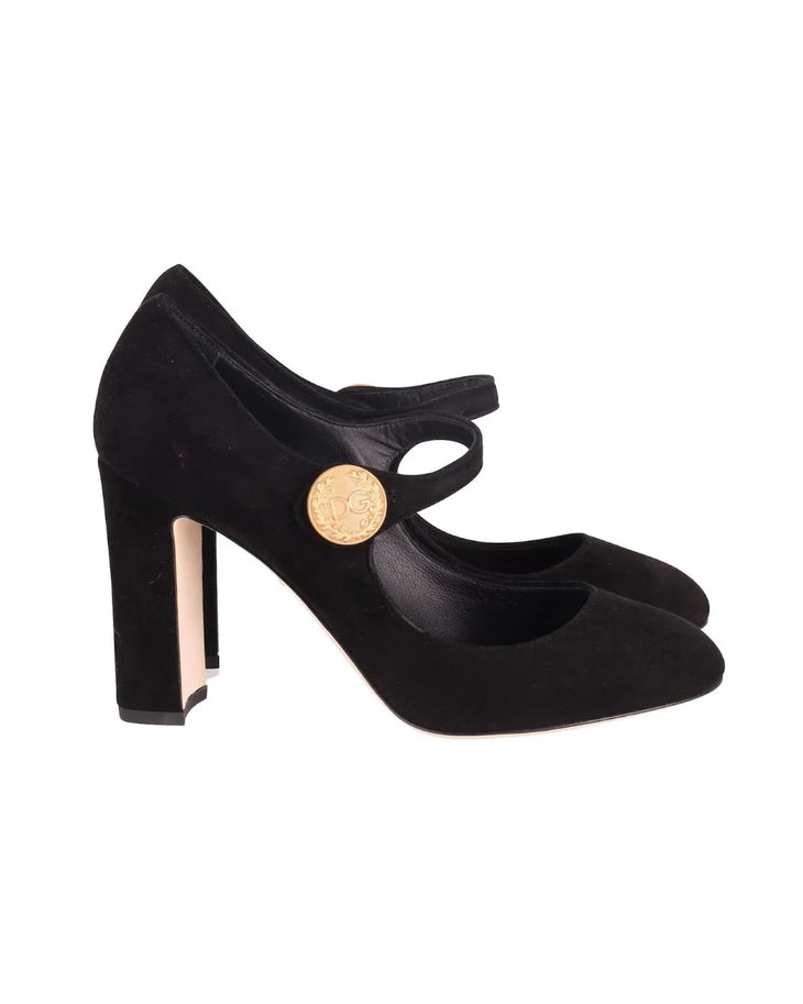 Black suede Mary Jane pump with gold button detail and chunky heel — Dolce & Gabbana | Endless UAE
