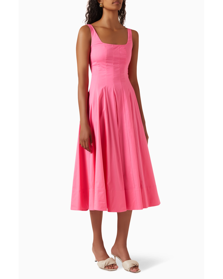 Pink sleeveless midi dress with fitted bodice and pleated flared skirt — Staud | Endless UAE