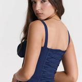 Woman wearing navy blue Carmen French Bustier Sundress with sweetheart neckline — Endless | Endless UAE