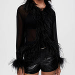 Black sheer voile shirt with feather trim details — Maje | Endless UAE