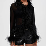 Black sheer voile shirt with feather trim details — Maje | Endless UAE
