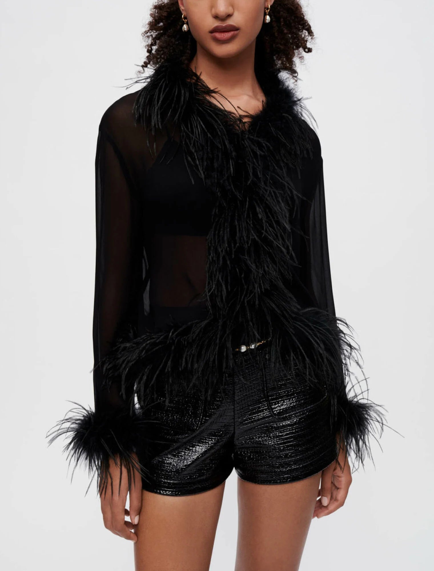 Black sheer voile shirt with feather trim details — Maje | Endless UAE