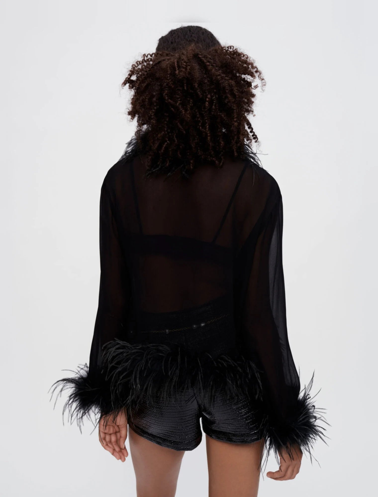 Black sheer voile shirt with feather trim details — Maje | Endless UAE