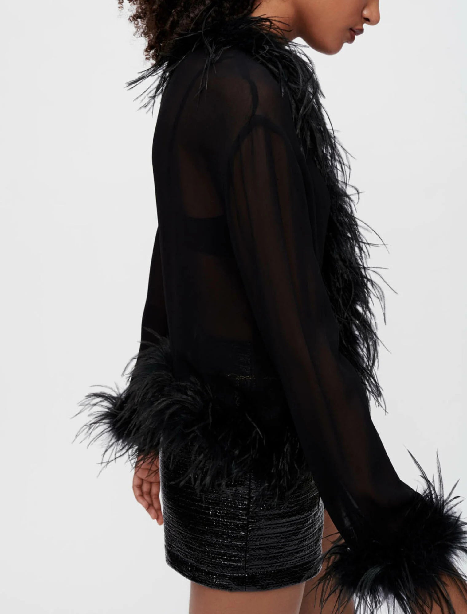 Black sheer voile shirt with feather trim details — Maje | Endless UAE