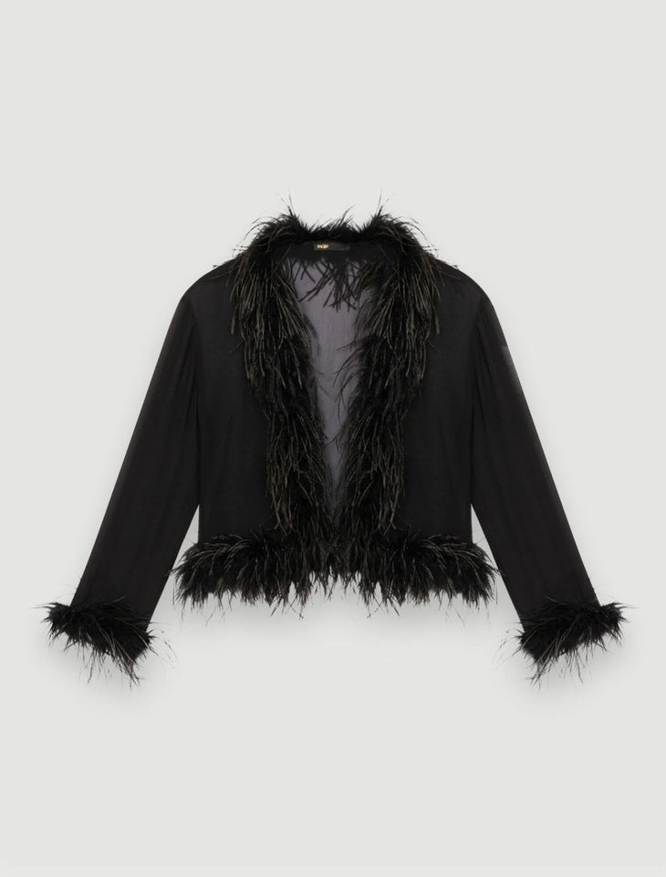 Black sheer voile shirt with feather trim details — Maje | Endless UAE