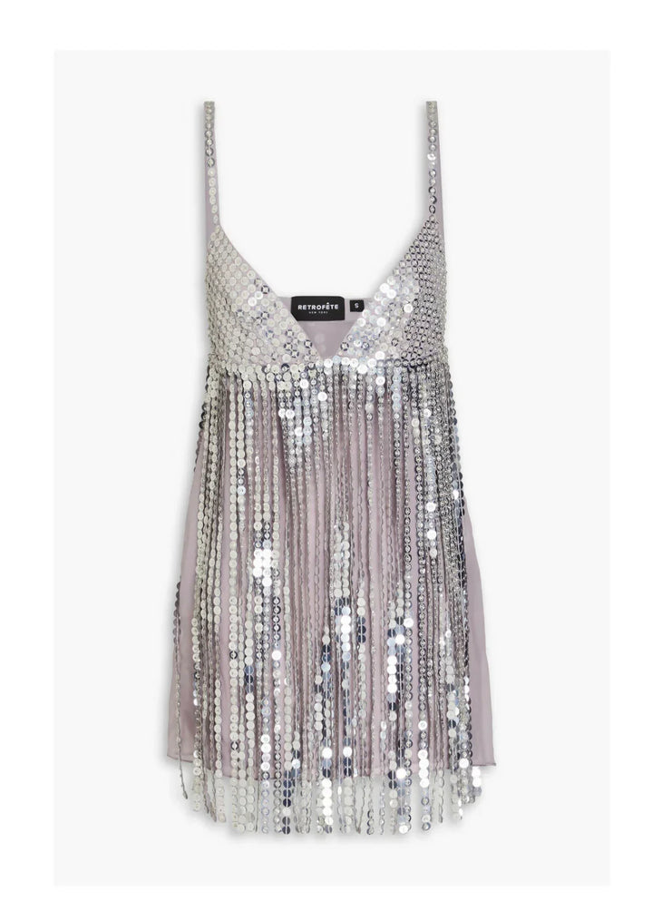 Silver sequined fringed mini dress with deep V-neckline — Retrofete | Endless UAE