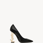 Black patent leather pointed-toe pumps with gold YSL logo heel — Yves Saint Laurent | Endless UAE