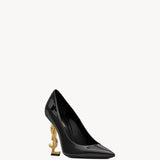 Black patent leather pointed-toe pumps with gold YSL logo heel — Yves Saint Laurent | Endless UAE