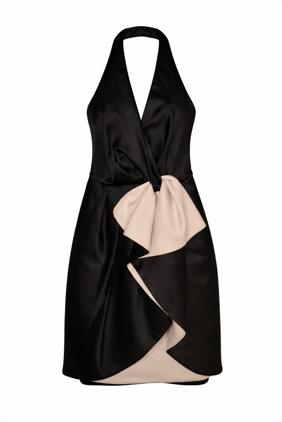Black and beige satin halter cocktail dress with ruffled front detail — Halston Heritage | Endless UAE