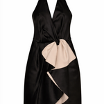 Black and beige satin halter cocktail dress with ruffled front detail — Halston Heritage | Endless UAE