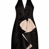 Black and beige satin halter cocktail dress with ruffled front detail — Halston Heritage | Endless UAE