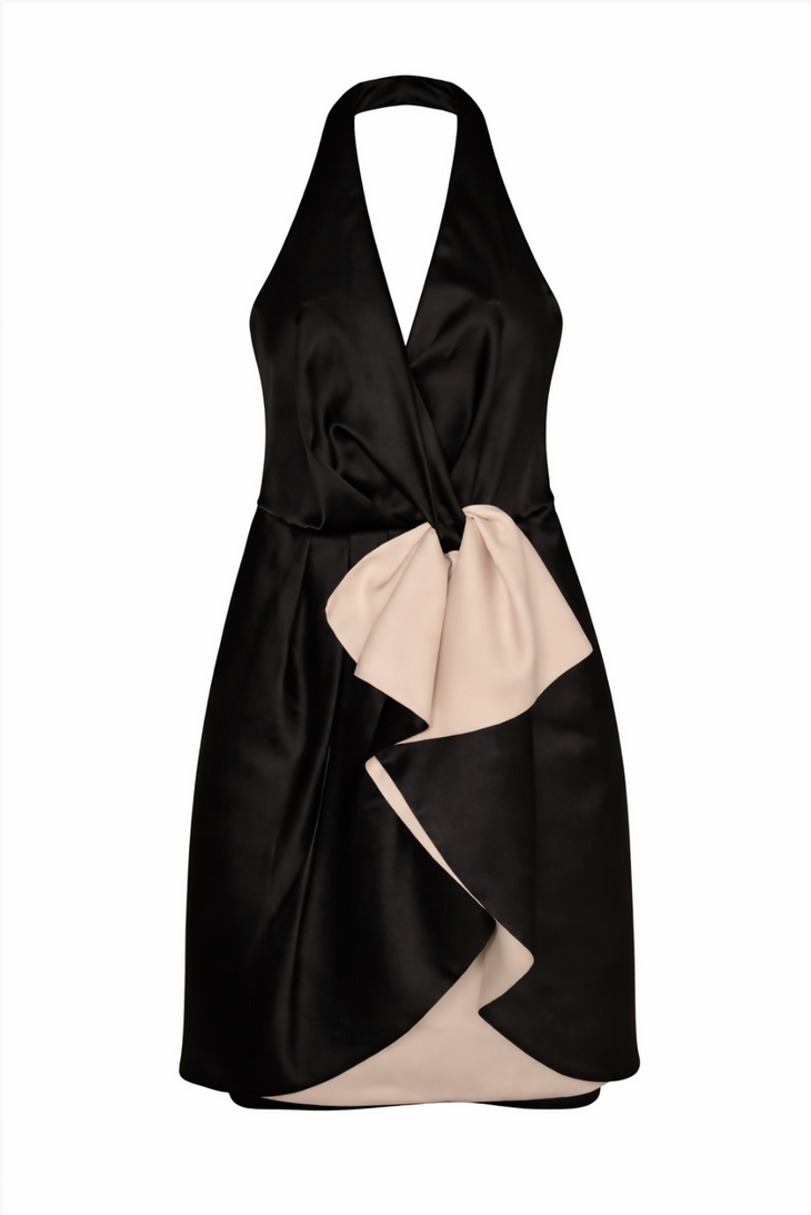 Black and beige satin halter cocktail dress with ruffled front detail — Halston Heritage | Endless UAE