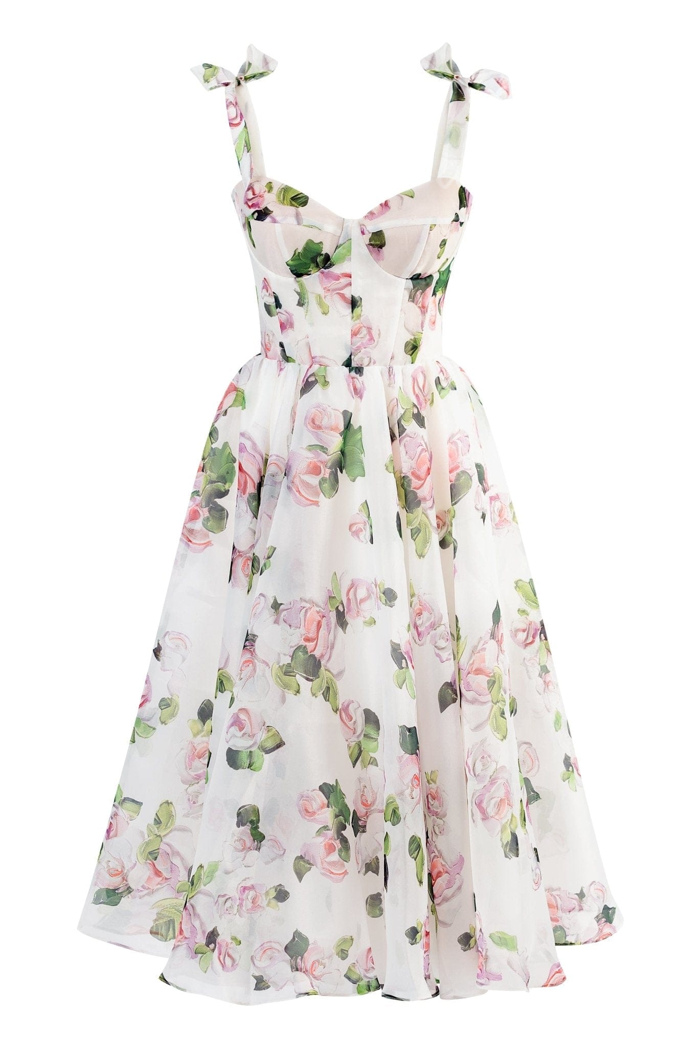 Tender Floral Midi Tie-Strap Dress in pink roses and green leaves on white — Milla | Endless UAE