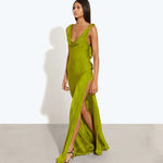 Lime green satin maxi dress with cowl neckline and high slit, worn by model on white background — Rat and Boa | Endless UAE