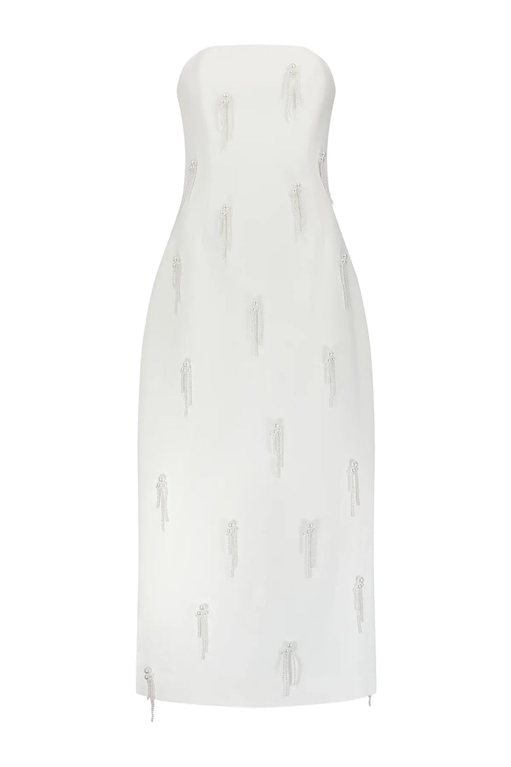Elegant strapless white midi dress with cascading crystal embellishments throughout — Odd Muse | Endless UAE