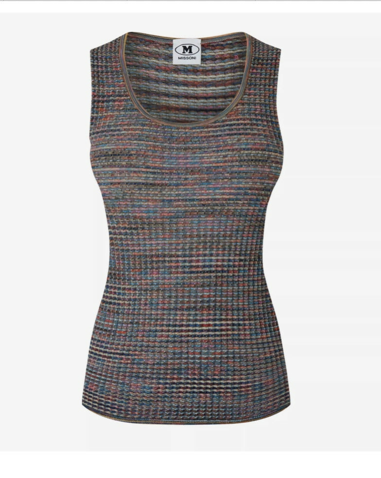 Multicolor ribbed cotton-wool blend sleeveless top with crew neckline — Missoni | Endless UAE