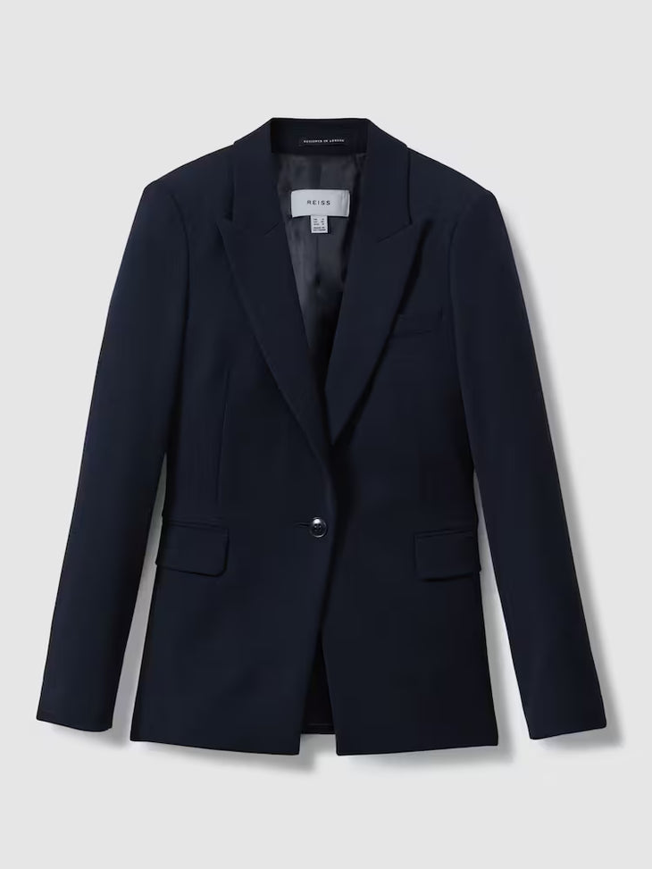 Navy single breasted tailored blazer with notch lapels and flap pockets on light background — Reiss | Endless UAE