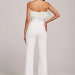 Colette White Jumpsuit with feathered neckline and wide-leg silhouette — Nadine Merabi | Endless UAE