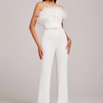 Colette White Jumpsuit with feathered neckline and wide-leg silhouette — Nadine Merabi | Endless UAE