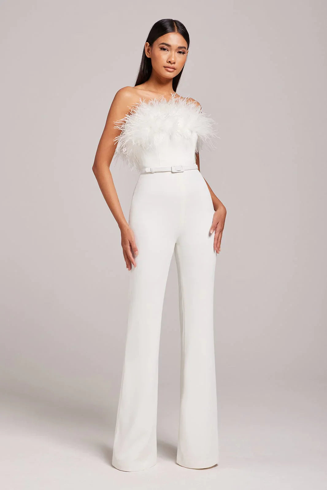 Colette White Jumpsuit with feathered neckline and wide-leg silhouette — Nadine Merabi | Endless UAE