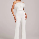 Colette White Jumpsuit with feathered neckline and wide-leg silhouette — Nadine Merabi | Endless UAE