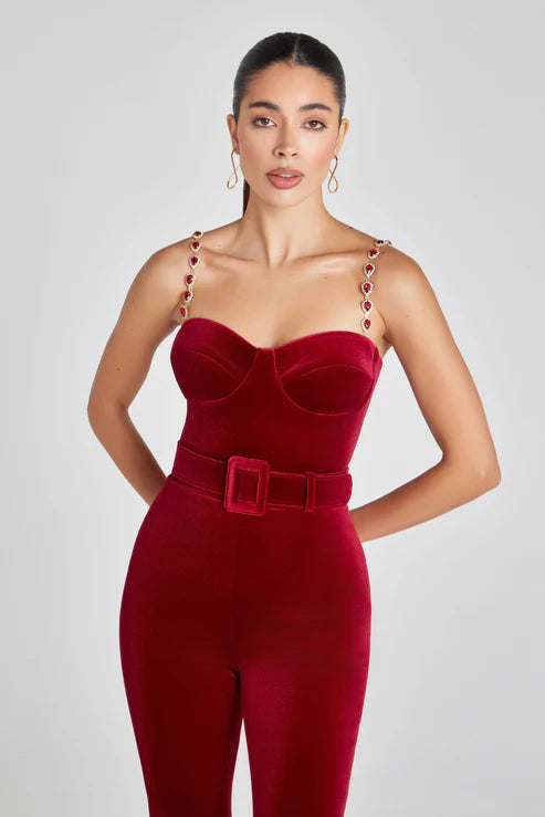 Elegant red velvet jumpsuit with jeweled straps, sweetheart neckline and belted waist — Nadine Merabi | Endless UAE