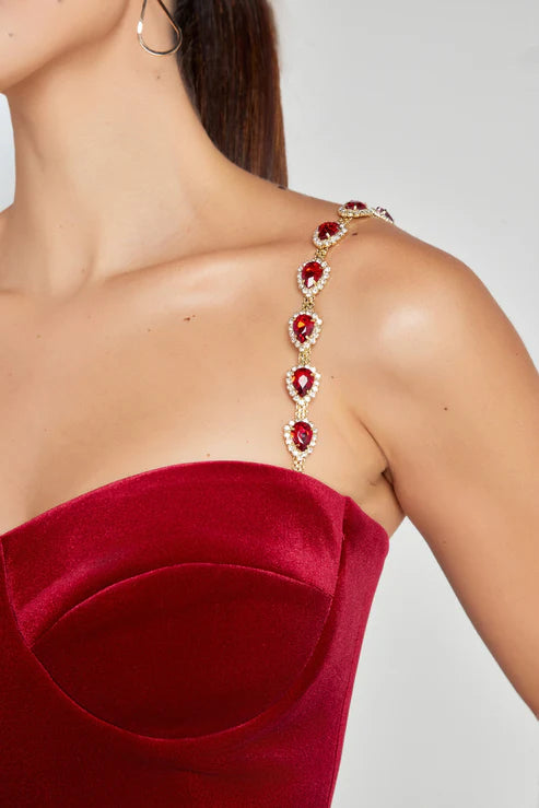 Harley Red Velvet Jumpsuit with Crystal Embellished Strap Detail — Nadine Merabi | Endless UAE