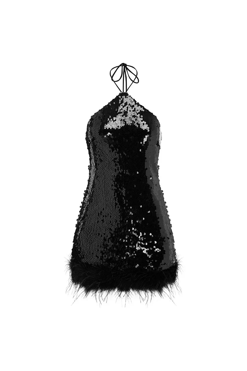 Black sequin halter mini dress with faux fur hem detail — Chic Le Frique | Endless UAE